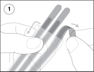 Illustration of attachment strips being peeled from packaging.