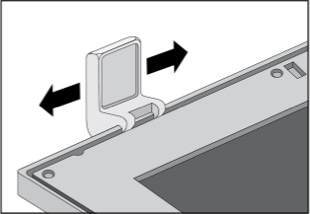 Illustration of a hanger arm sliding across the top of a framed privacy filter.