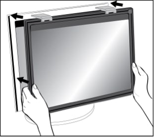 Illustration showing how to attach a framed privacy filter to monitor screen by the hanger arms.