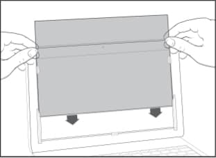 Illustration showing how to attach privacy filter to screen by using slide mount tabs.