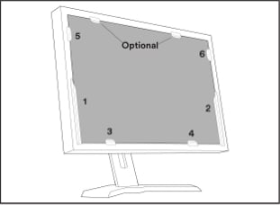 Illustration showing how to attach privacy filter to screen by using slide mount tabs.