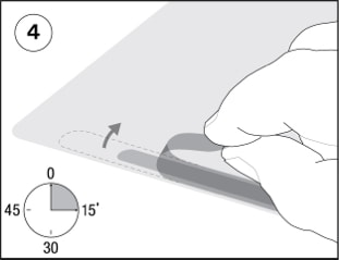 Illustration showing how to remove liners from attachment strips after application.