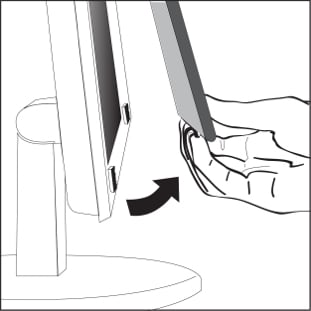 Illustration showing how to remove framed privacy filter from monitor screen.