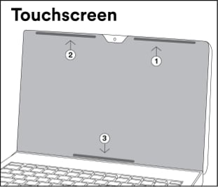 Illustration of attachment strips on a privacy filter for touchscreen devices and tablets.