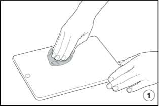 Illustration showing how to wipe tablet screen with microfibre cloth.