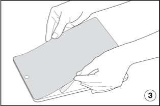 Illustration showing how to slowly apply screen protector to tablet.