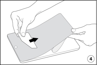 Illustration of applicator pressing down to attach screen protector to device.